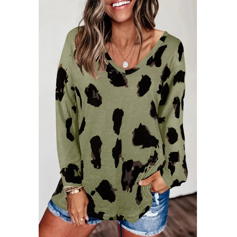 

BONJEAN Leopard Shirts for Women 2020 Autumn Clothing Long Sleeve Casual T Shirt O-Neck Tops and Tees Loose Ladies Shirts BJ3213