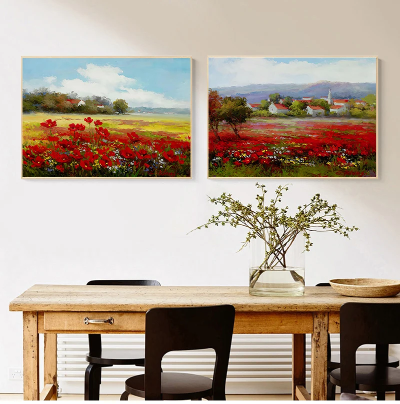 

Print Abstract Wild Red Flower Poppies Landscape Oil Painting on Canvas Modern Pastoral Poster Art Wall Picture for Living Room
