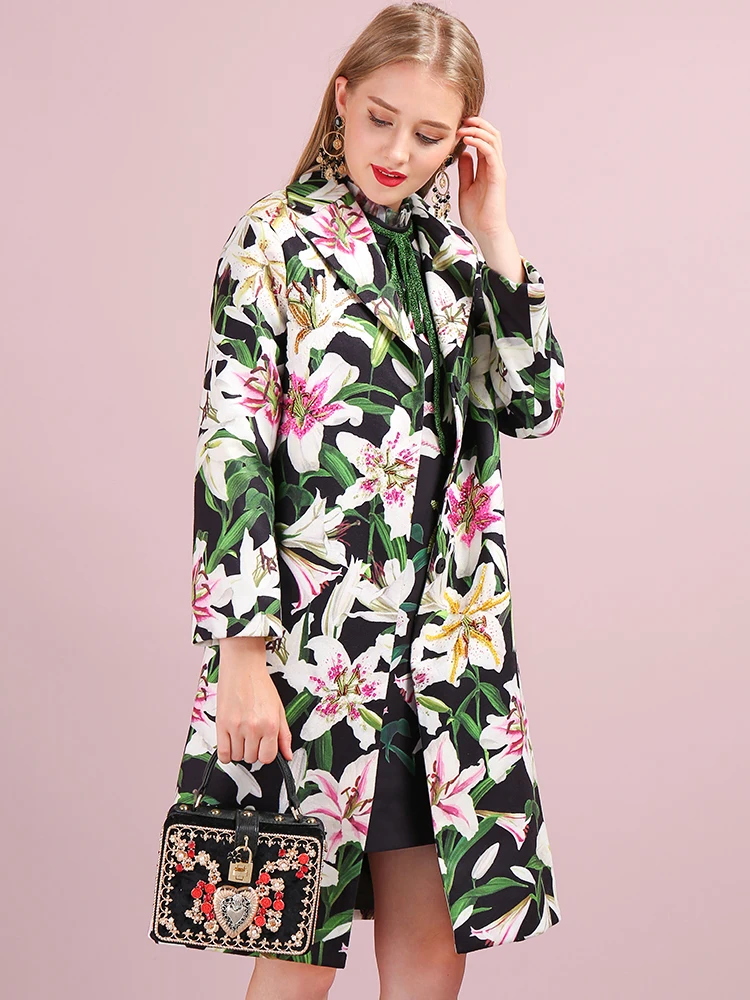 LD LINDA DELLA Autumn Winter Outwear Women's Coats Long Sleeve Floral Printed Button Beading Elegant Vintage Ladies Overcoat