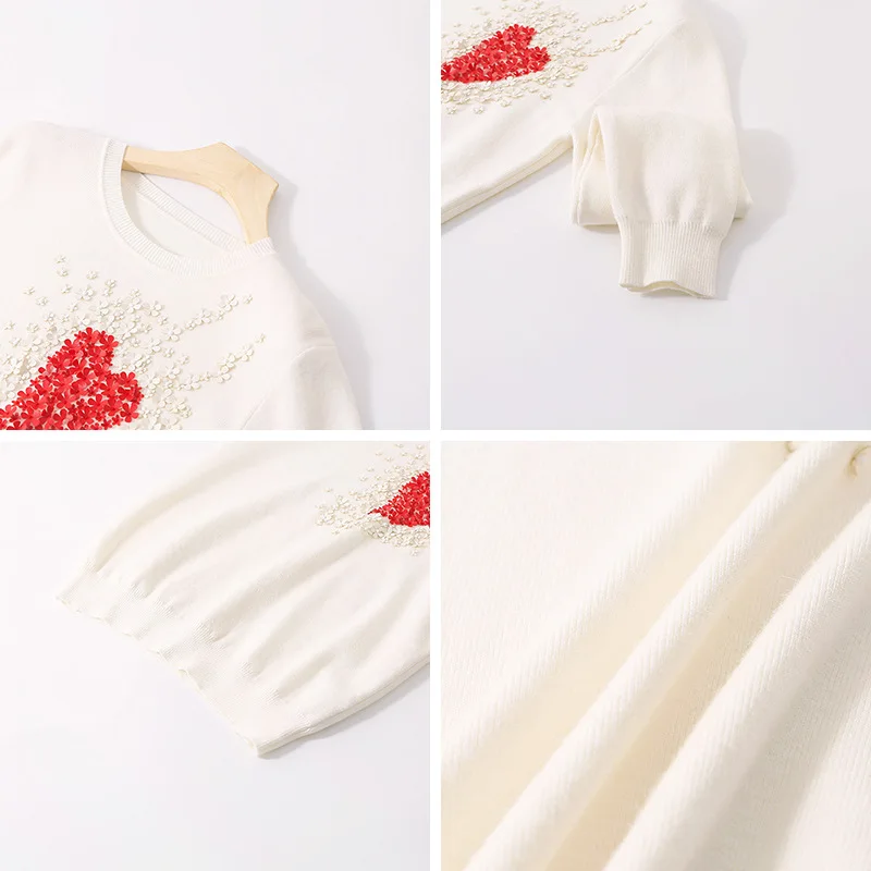 

2021 Autumn New Handmade Peach Heart Beaded Flower Love Fashion Pullover Sweater Women's Sweet Knitwear Casual Top