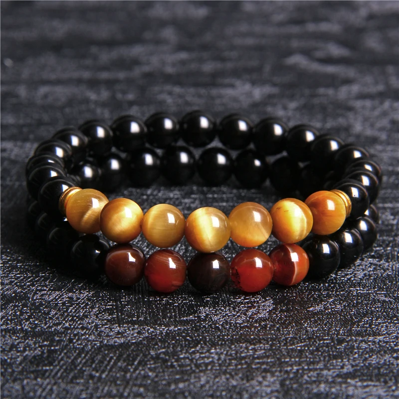 8 mm Gold Tiger Eye Stone Beads Bracelets For Women Friendship Bracelet Men Natural Energy Polished Black Onyx Bangle Jewelry | Украшения и