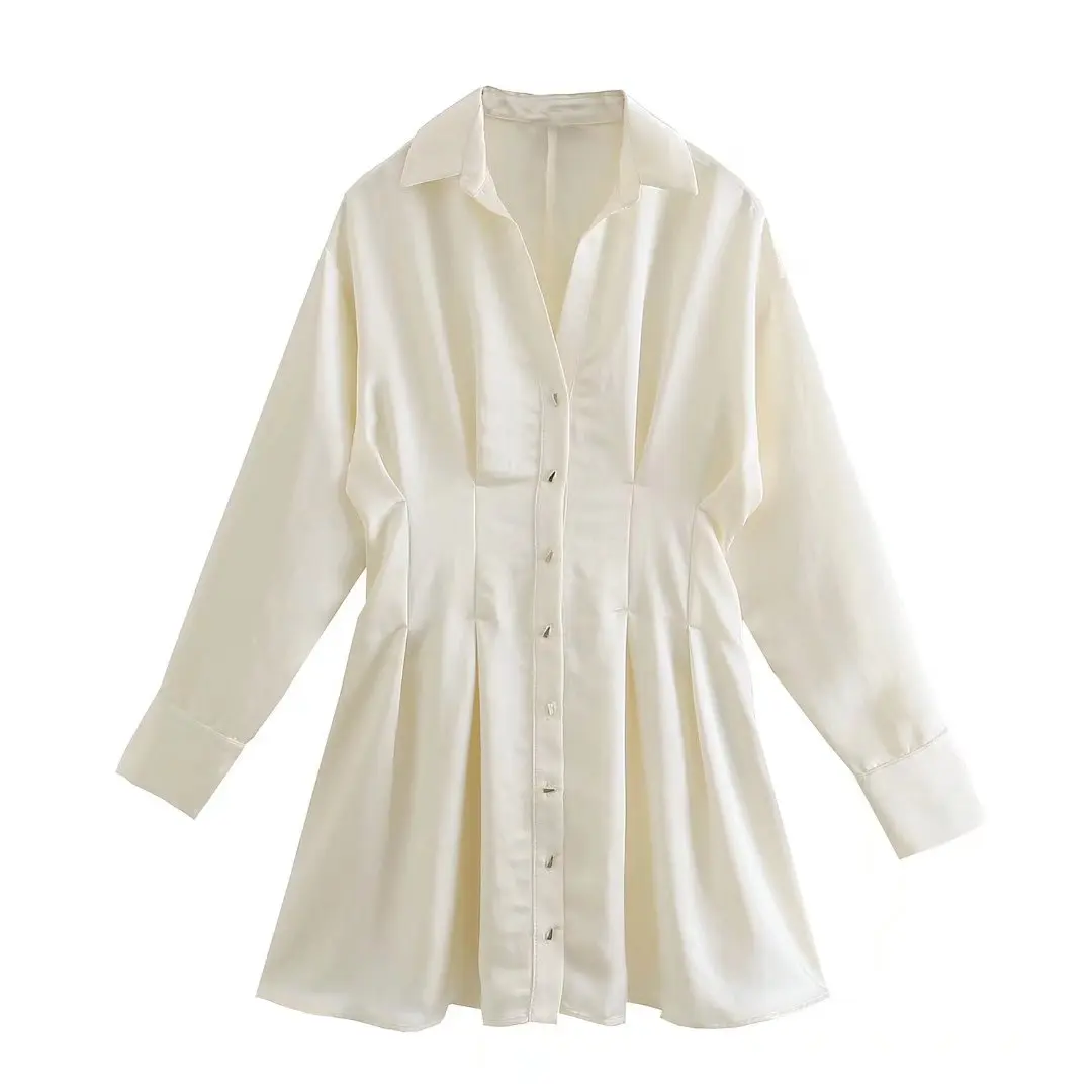 

Pinkou Women Elegant White Shirt Dress Turn Down Collar Long Sleeve Button Decorate Long Blouse Basic Mini Dresses QA770