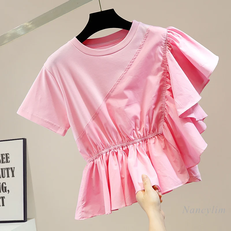 

Pink Tshirt for Women Fashion Design Irregular Sweet Tridimensional Ruffled Patchwork Short Sleeved T-shirts Female Top