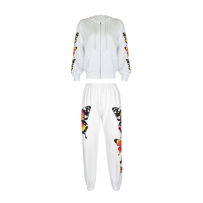 

BOOFEENAA Butterfly Print White Zip Up Hoodie Sweatpants Streetwear Two Piece Set Women Tracksuits Fall Winter 2020 C67-IF68
