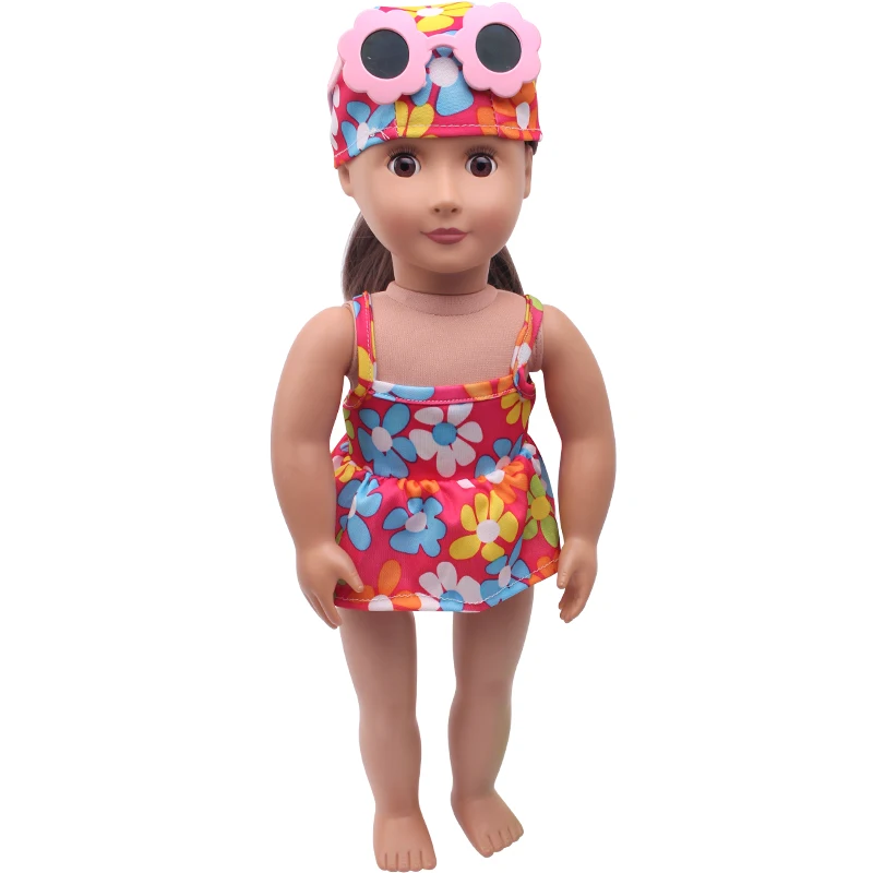 

18 Inch American Doll Girls Red Flower Bathing Swimsuit + Glasses + Shoes Newborn Baby Toys Accessories Fit 43 Cm Boy Dolls c334