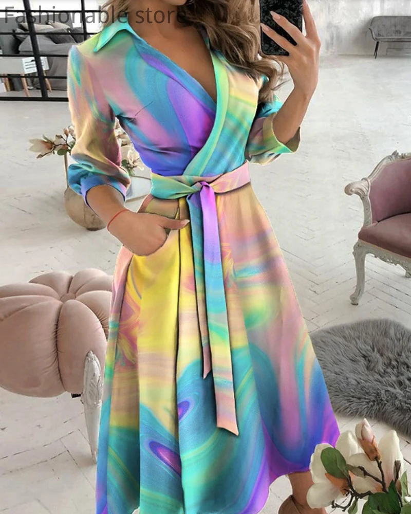 

Fashion Printed V-Neck Tied Waist Wrap Dress Women Casual Long Sleeve Midi Dresses