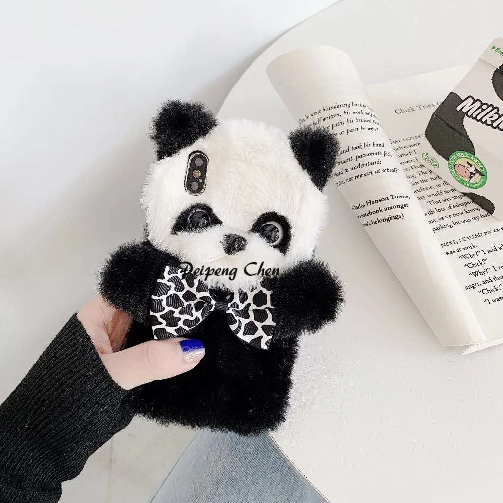 White panda PEIPENG 3D милый животный плюшевый собачий Пушистый Теплый Меховой чехол для телефона для iPhone 7 Plus силиконовый чехол для iPhone X XS Mas 8 7 6 6s Plus XR - Цвет: White panda