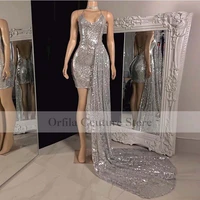 designer silver sexy prom dress mermaid rose sweep train cocktail african black girls evening dress for party night