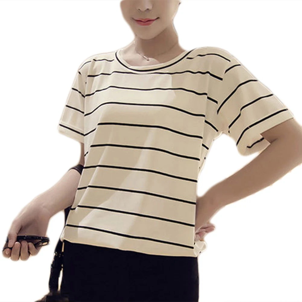 Модная Летняя женская Свободная полосатая Повседневная футболка с круглым
