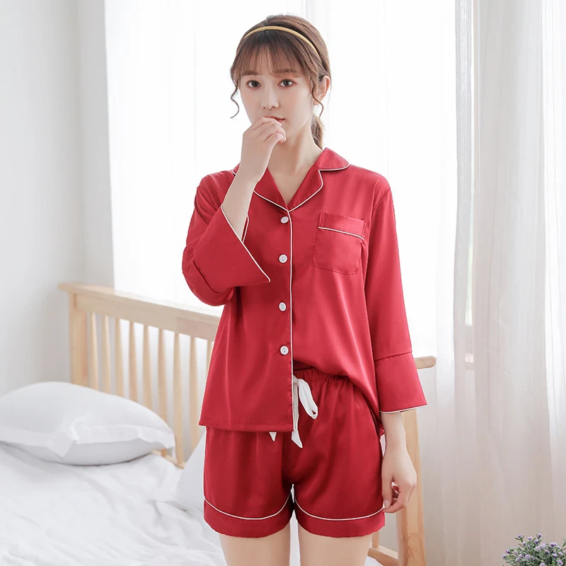 

Atumn Women Pajamas 2-Piece Sets Wrist Sleeve Elastic Shorts Casual Female Sleepwear Soft Solid Spring Ladies Lounge Suits