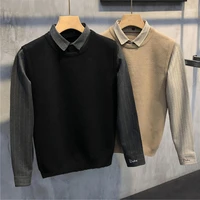 2022 spring autumn new fake two piece men shirt long sleeve warm knit sweater man slim fit clothing knitwear pullovers