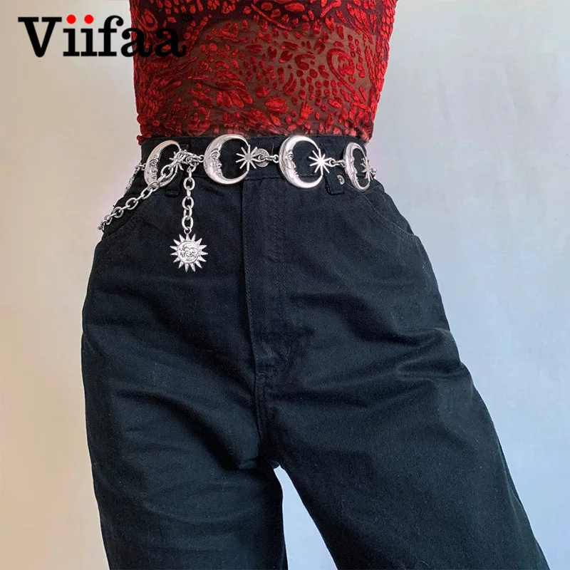 

Viifaa серебряного цвета панк стиль луна металлический поясной ремень женские аксессуары Готический Декор модный пояс для одежды