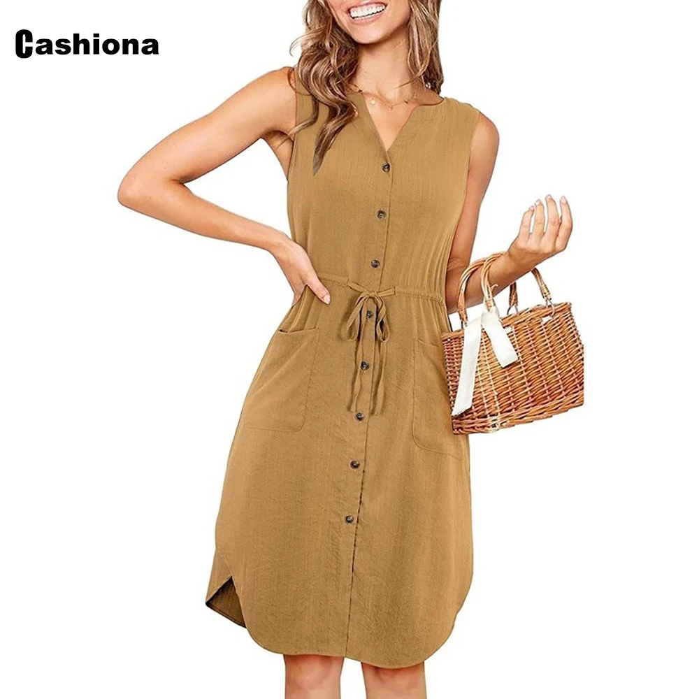 

2021 New Patchwork Sashes Dress Women Elegant Leisure Knee-Length Dress V-neck Sleeveless Female Single Breasted Casual Dresses