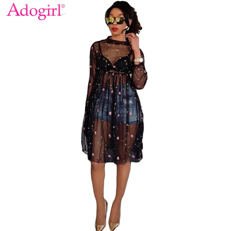 Платье-мини женское Сетчатое с цветочной вышивкой и круглым вырезом | Женская