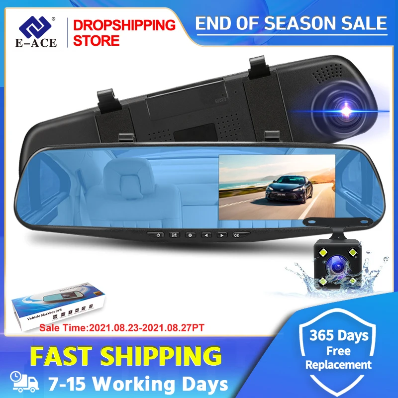 E-ACE 4 3 дюймов Автомобильный видеорегистратор зеркало FHD 1080P камера с двумя