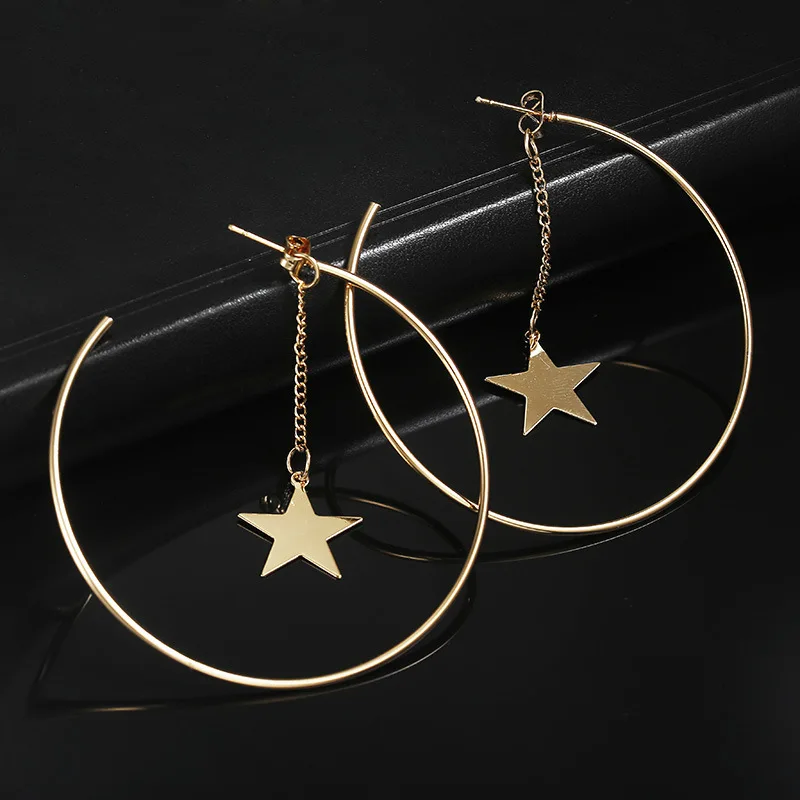 

Simple Hoop Earrings For Women Hollow Round Circle Earrings With Star Decorated Earrings Golden Color Ear Jewelry Wholesale