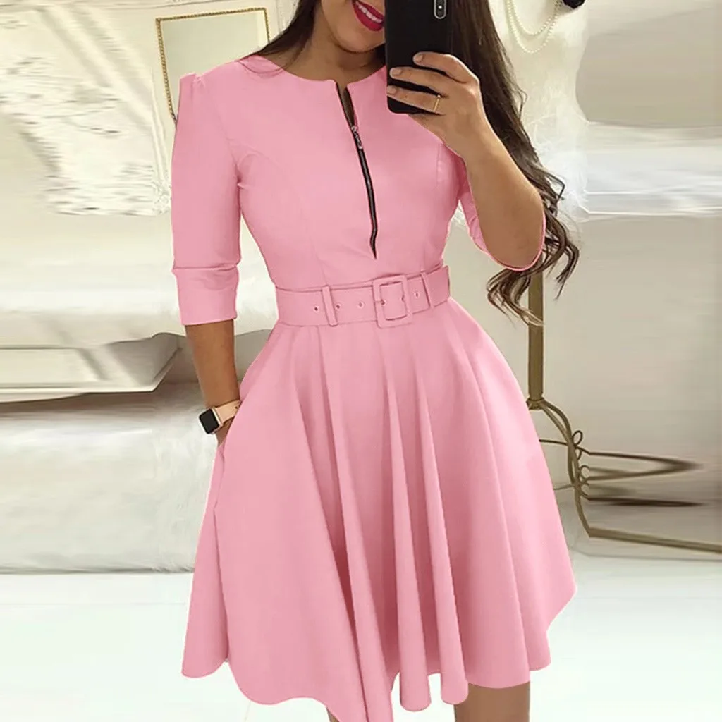 Pink Модное женское платье миди с круглым вырезом, однотонное летнее осеннее платье, Повседневное платье трапециевидной формы с рукавом три четверти, вечернее платье vestidos - Цвет: Pink