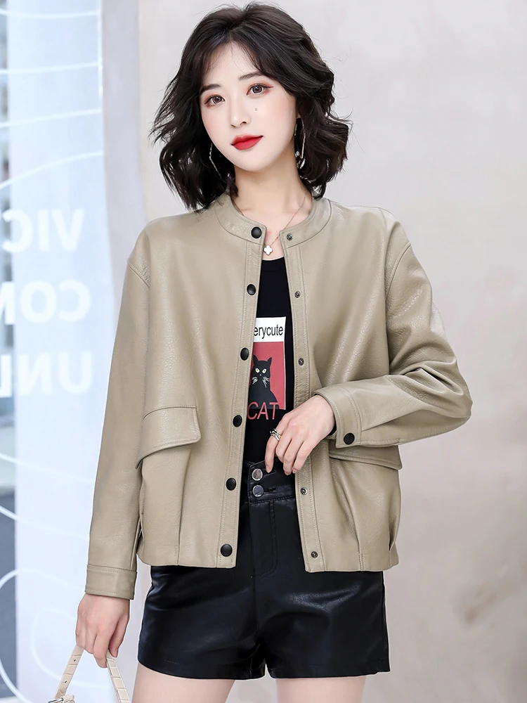 New Women Sheepskin Outerwear Spring 2022 Designer Moto Biker Coat Fashion O-Neck Solid Color Loose Short Sheep Leather Jacket