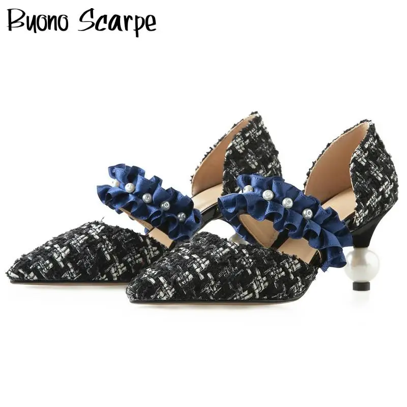 

High Heel Shoes Shallow Ruffles Heels Spring High Heels Pointed Toe Plaid Elegant Strange High Heel Ladies Party Shoes Pumps