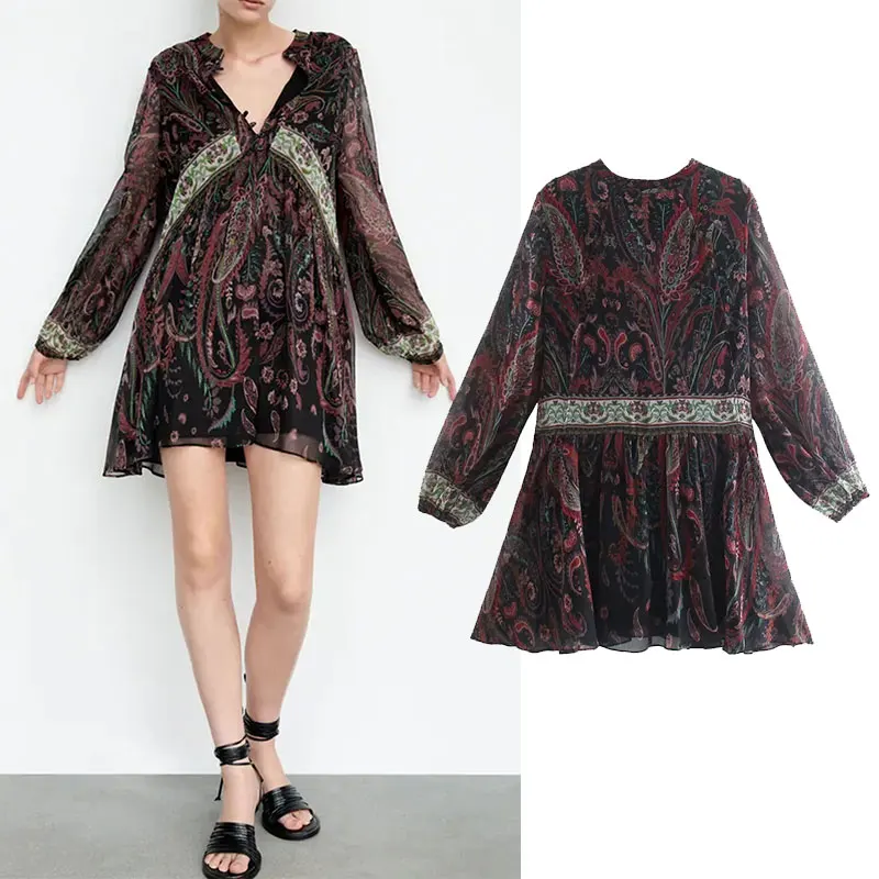 

PPYQYKX Za Женская мода 2021 Ретро тотемный принт сексуальное мини-платье Дамское шикарное свободное ДРАПИРОВАННОЕ осеннее Повседневное платье с...