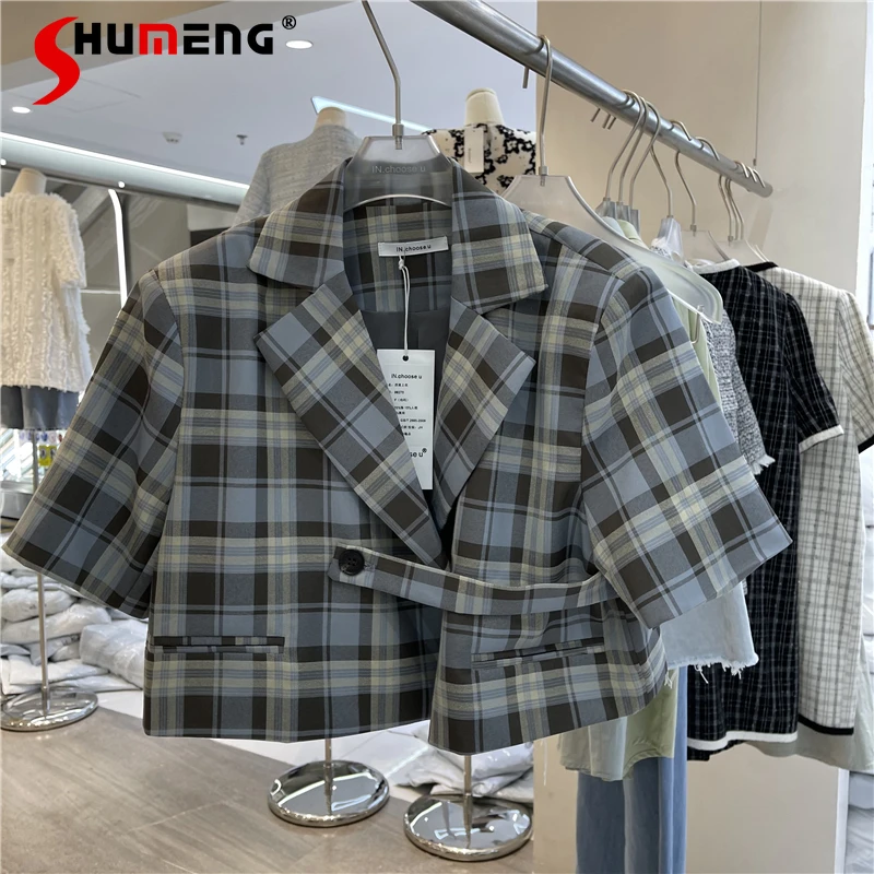 

Женский клетчатый блейзер с коротким рукавом, свободное Укороченное пальто во французском стиле, модная Простая Офисная короткая куртка на...