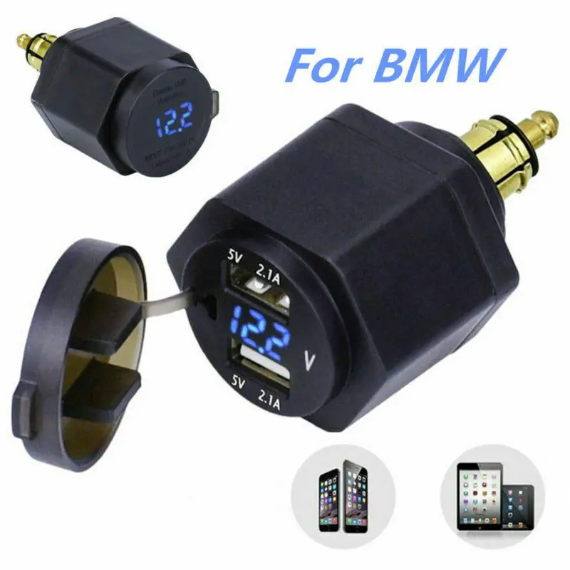 

Power Adapter Blue LED Voltmeter Dual USB 2.1A Fast Charger for BMW Motorcycle Hella Plug Waterproof 0-24V Voltage Monitor