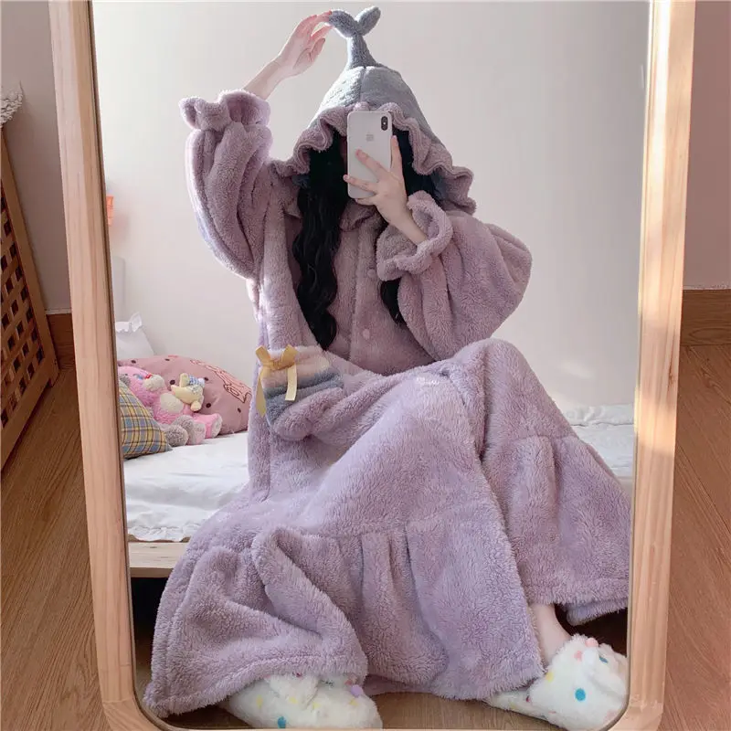 Long Section Robe Thickened Coral Velvet Pajamas Female Autumn and Winter Korean Version of The Lovely Nightgown Home Wear