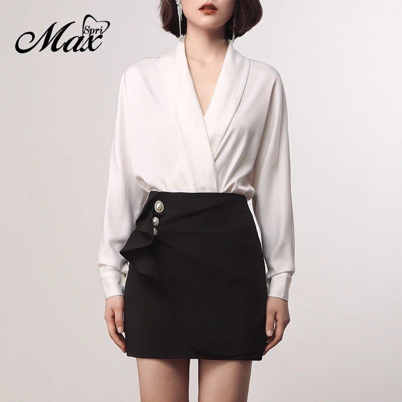 

Max Spri 2019 New 2 Piece Sets White V-neck Full Sleeve Blouse Black Button Ruffles Mini Skirt Women Office Fashion Suits