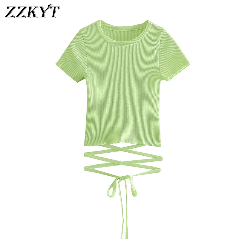 

ZZKYT 2021 Women Summer Fashion Solid Bow Tied Straps T Shirt Vintage O-neck Short Sleeve Female Casual Clothes Ladies T-Shirt