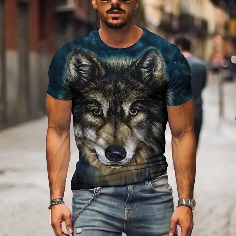 

Fashion Animal Wolf Pattern 3D Printing Men T Shirt Summer Street Trendy Casual Round Neck Short Sleeve Men Clothing Male Tops