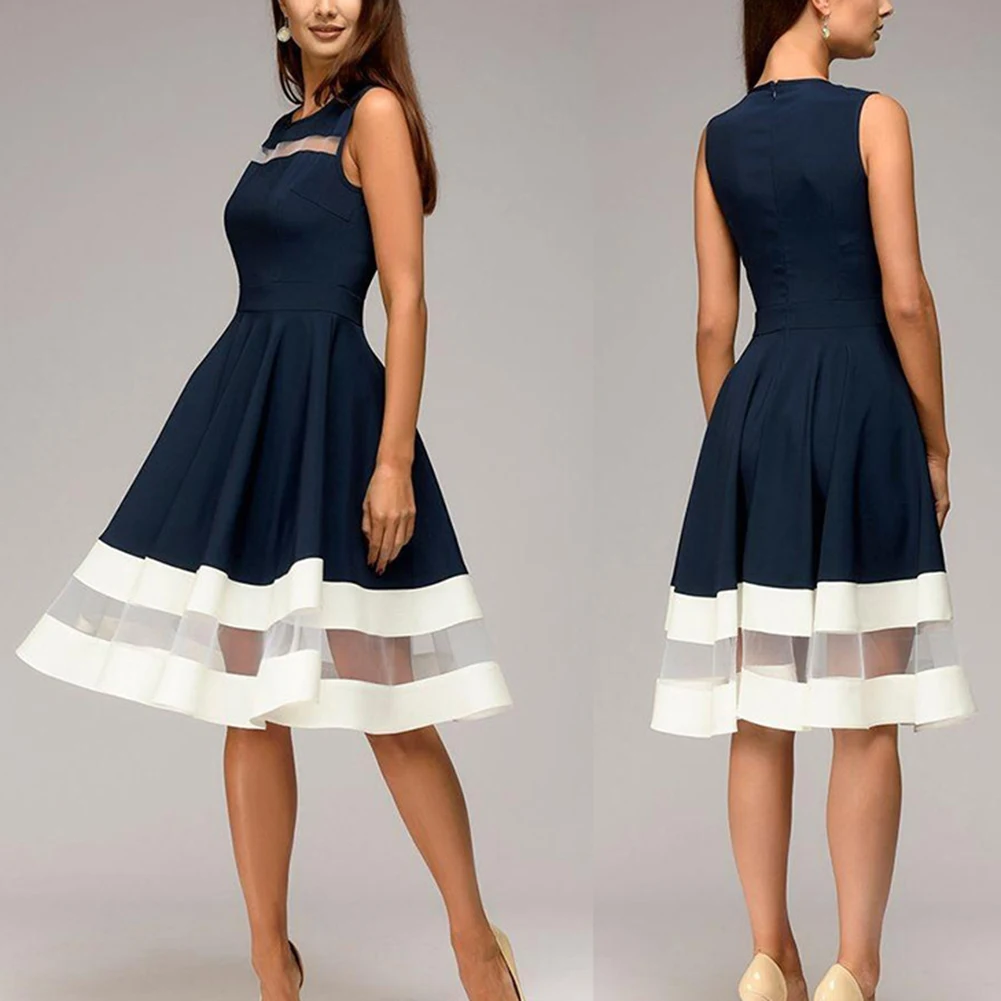 Шикарное женское Сетчатое платье миди без рукавов с круглым вырезом и сшитым