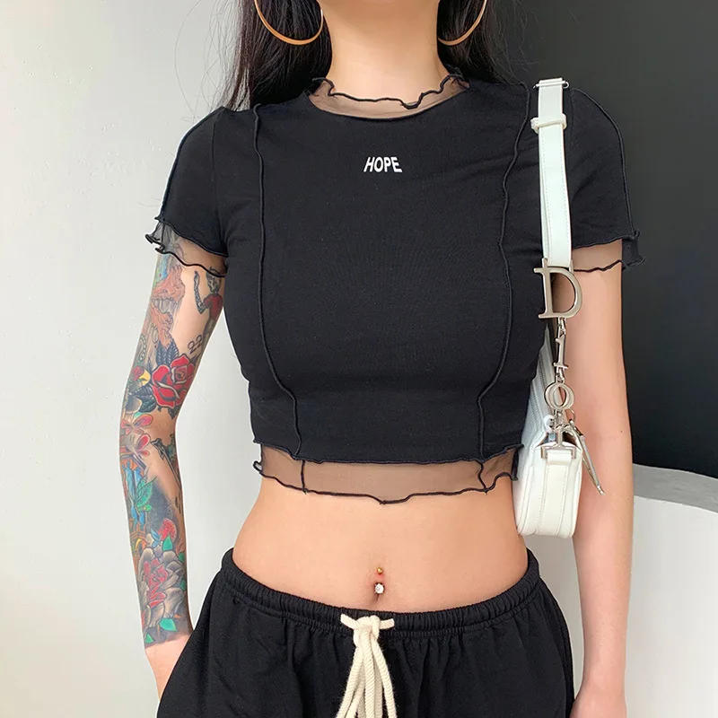 

Egirl Fashion Graphic T Shirts Harajuku Letter Print Round Collar Lace Trim Crop T-shirt for Women Egirl Aesthetic Alt Clothes