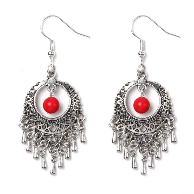 

BOHO Tassel Earrings For Women Handmade Silver Color Statement Drop Earings Femme Jewelry Natural Red Turquois Beads Pendant