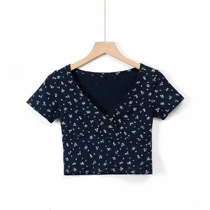 

V Neck Vintage Short Sleeve Women Top Blue Flower Print Cross Pleated T-shirt Casual High Waist Female Tee Shirt Slim Tops