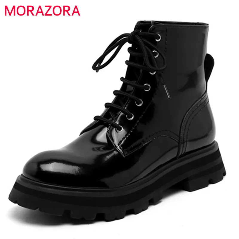 

MORAZORA 2021 Hot Sale Autumn Winter Ankle Boots Women Flat Shoes Round Toe Patent Leather Fashion Casual Shoes Women Boots