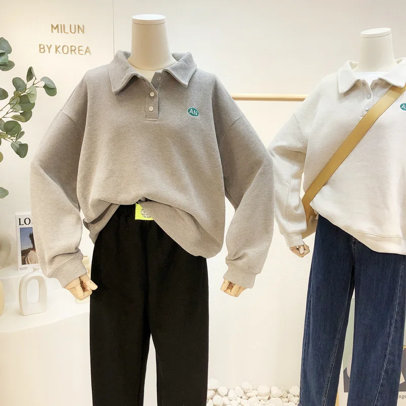 

2021 Autumn Winter Polo Sweatshirt Women Casual Loose Trun-collar Pullover Long Sleeve Sweat Kawaii Clothing Tops Korean Style