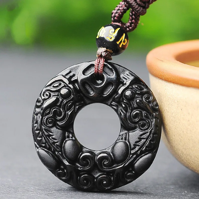 

Natural Black Obsidian Pixiu Safety Buckle Jade Pendant Necklace Hand-Carved Fashion Charm Jewelry Amulet for Men Women Gifts
