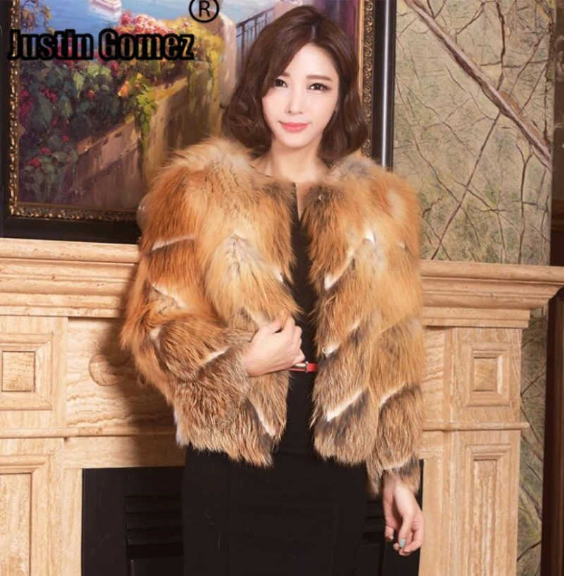

European Thick warm Fur Outerwear Geometric Pattern real Red fox fur coats High street fashion Women Fur jackets
