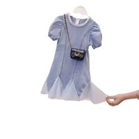 girls short sleeve dress fashion girls baby beaded mesh denim dresses childrens clothing 2 6 years