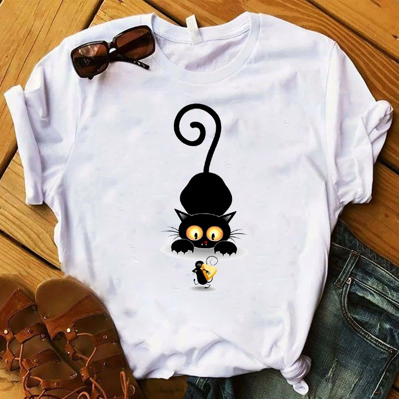 

Women Lady T Shirt Cat Mouse Printed Tshirt Ladies Short Sleeve Loose Tee Shirt Women Female Tops Clothes Graphic T-shirt