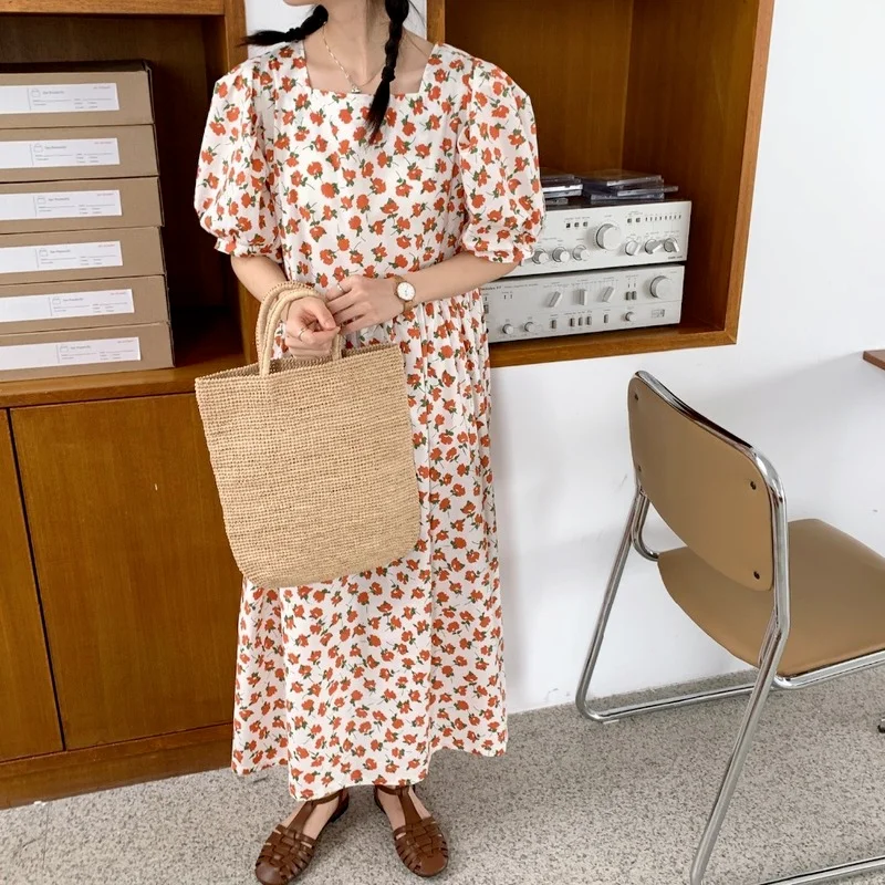 

2021 Summer Vintage French Style Square Collar Printed Puff Sleeve Casual Loose Chic Girls Cottagecore Cotton Women Long Dress