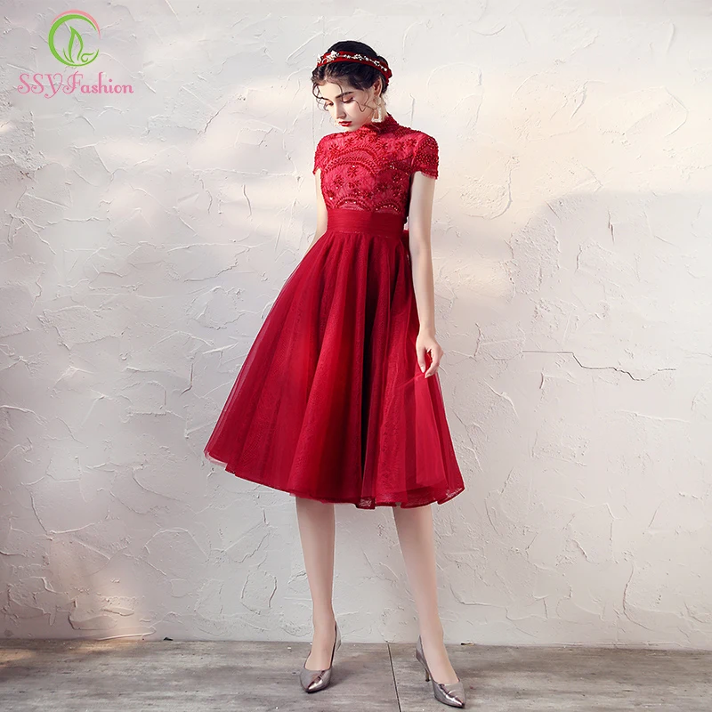 SSYFashion Новый невесты для торжеств Элегантное коктейльное платье бордового цвета