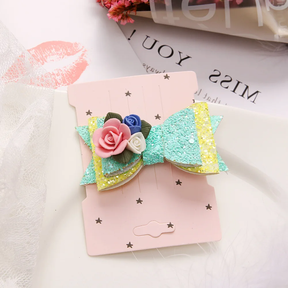 Блестящие банты для волос с блестками цветочные фотозажимы девочек украшения