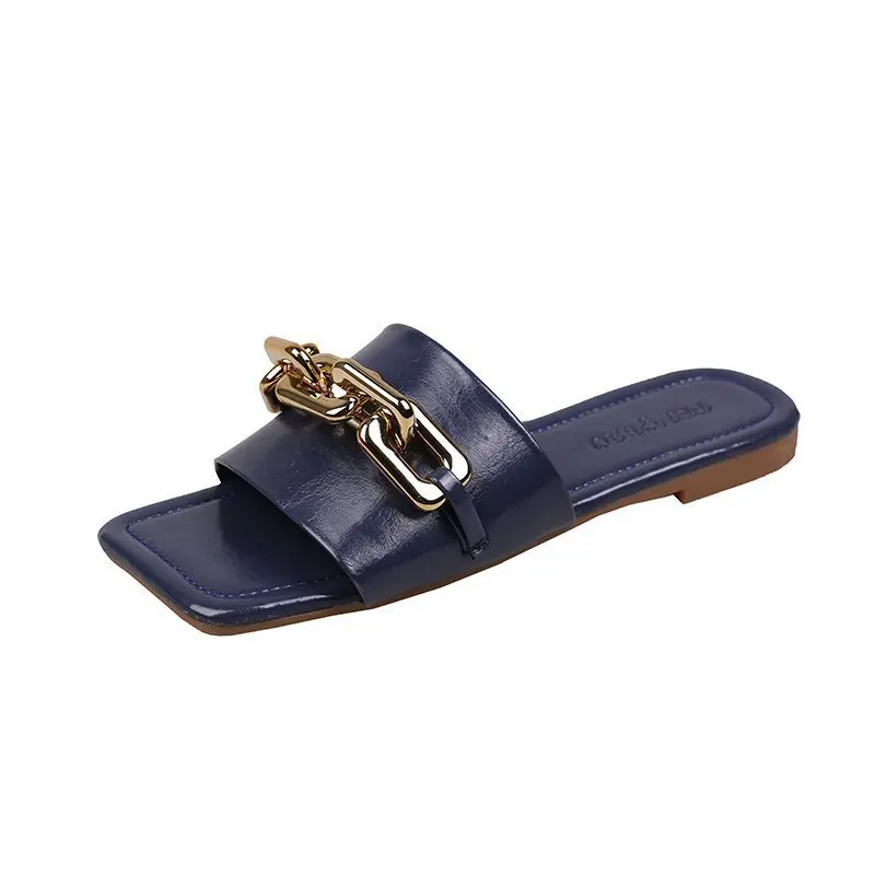 

Shoes Slippers Flat Square Toe Rivet Slipers Women Luxury Slides Low 2021 Designer Fabric Basic Hoof Heels Fashion Metal Decorat