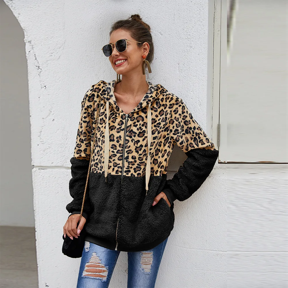 

2021 Autumn Winter Leopard Jacket Women Hooded Jacket Zipper Long Sleeve Warm Loose Casual Jacket Hooded Coat Women Top