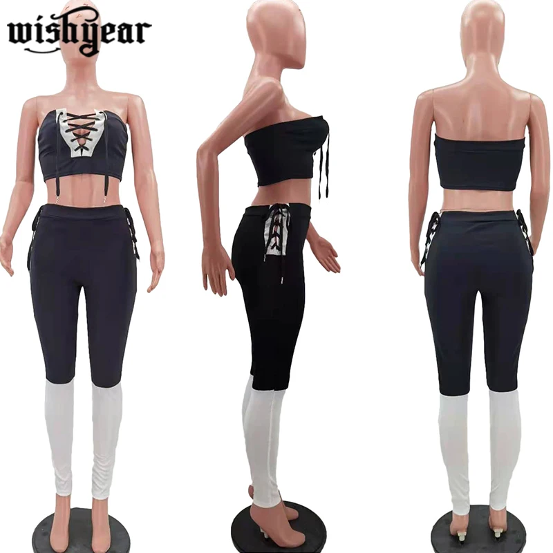 

Women Contrast Color Patchwork Two Piece Sets Slash Neck Cross Lace Up Crop And Skinny Pants 2021 Summer High Street Outfits