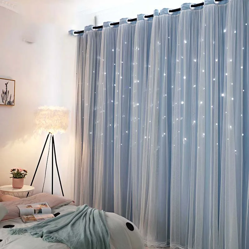 

Custom Made Hollow Star Thermal Insulated Blackout Curtains for Living Room Bedroom Window Decor Curtain with white Lace Voile