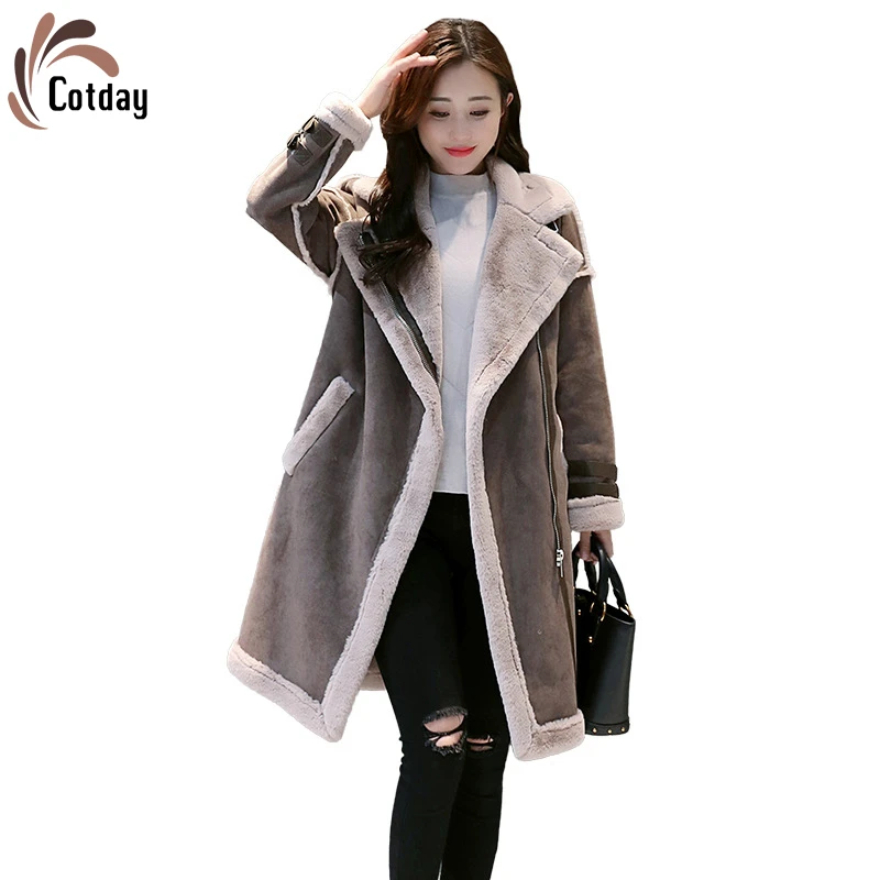 

Cotday Wool Thick Gray Long A-Line Loose Office Style Lady Sheepskin Suede 2020 Promotion Women Winter Warm Jacket Overcoat
