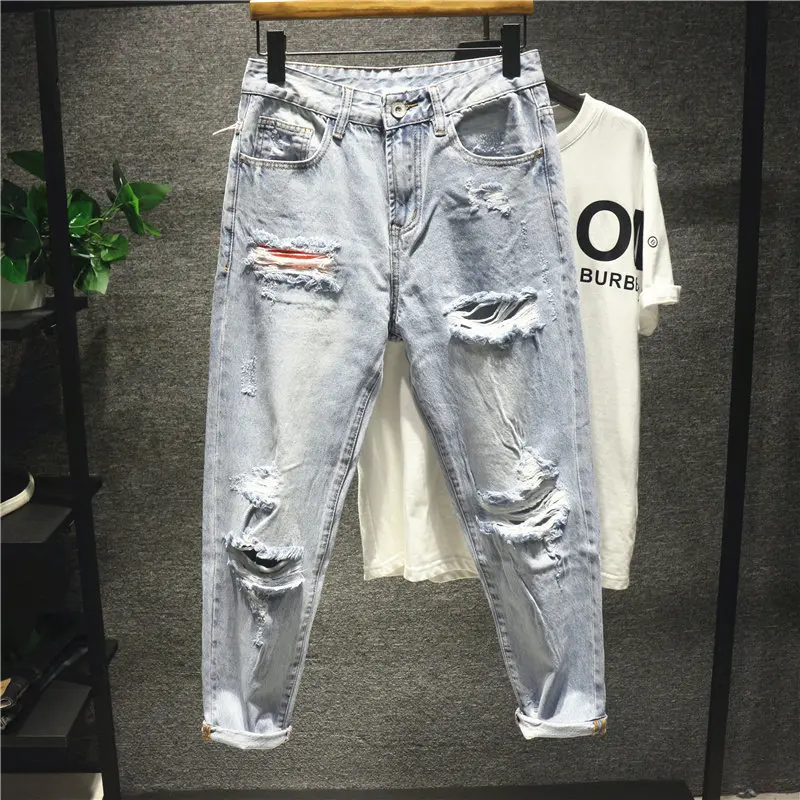 

Fashion 2021 Denim hip hop hole loose brushed pierced hole beggar pants men's trendy brand light-colored washed Denim jeans men