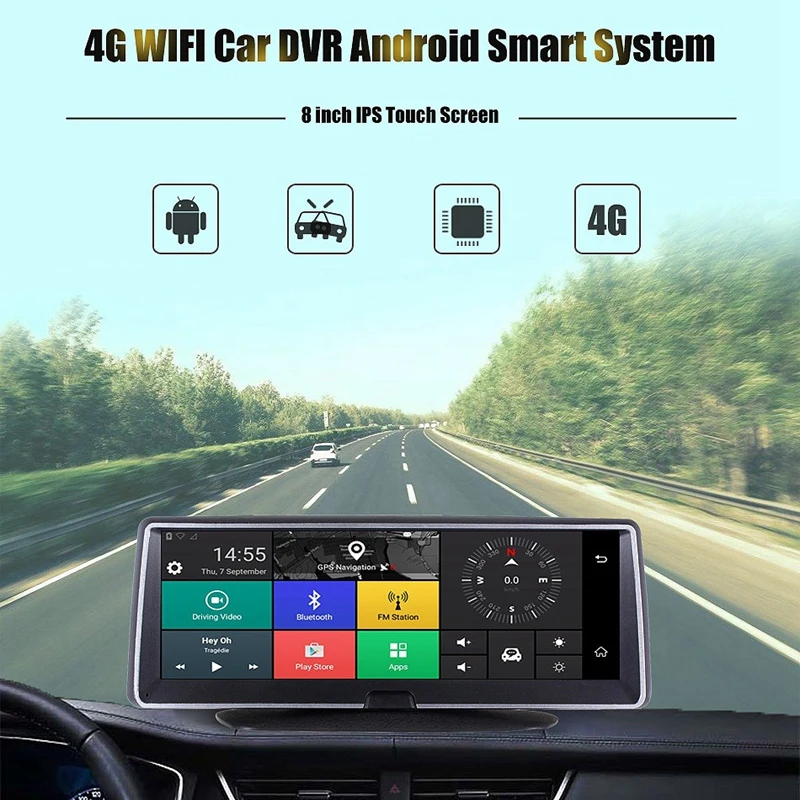 8 дюймов Автомобильный видеорегистратор Android 4G WiFi двойной объектив GPS Navig ADAS